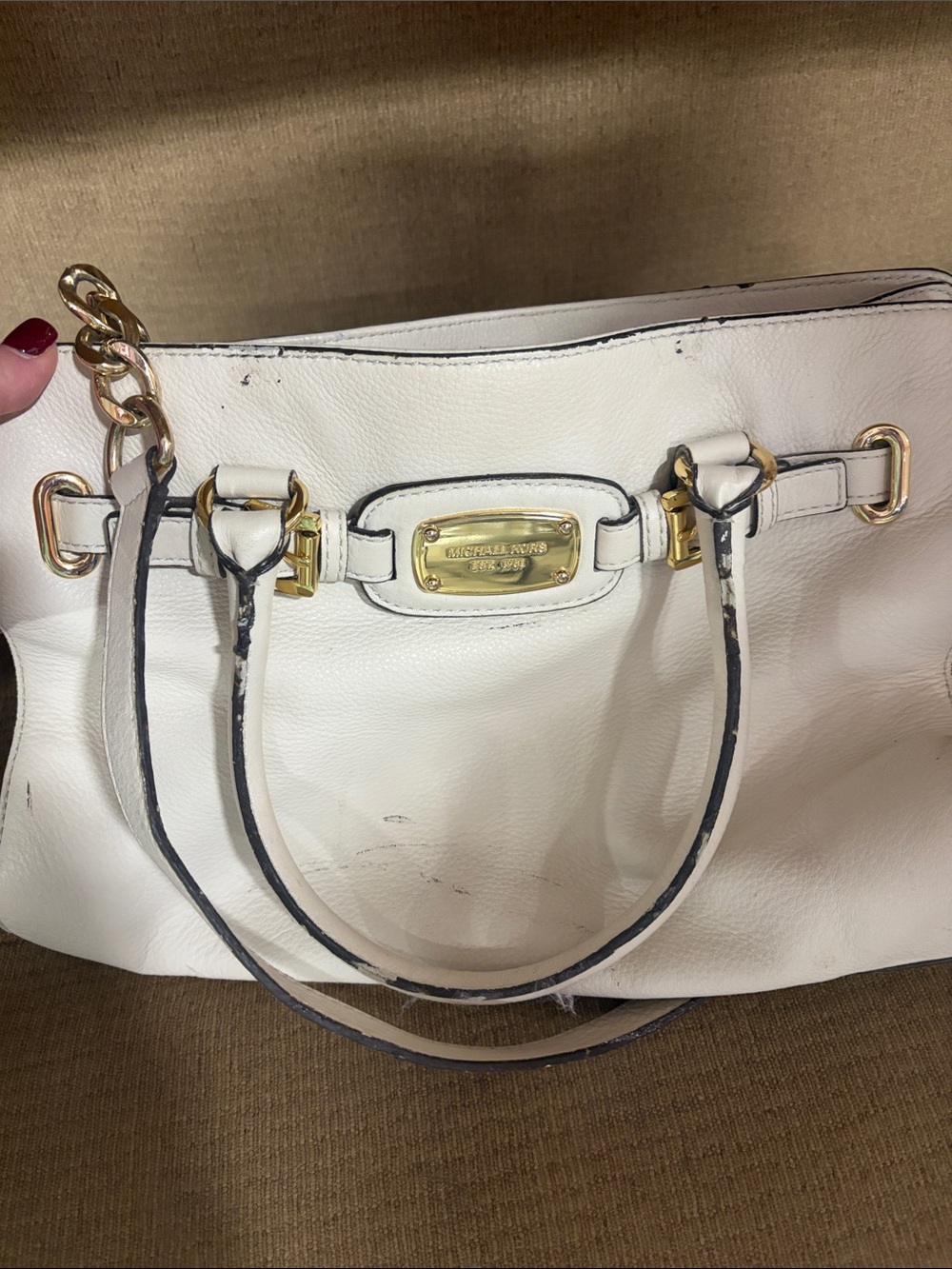Michael Kors White Leather Tote with Gold Plate AS!!